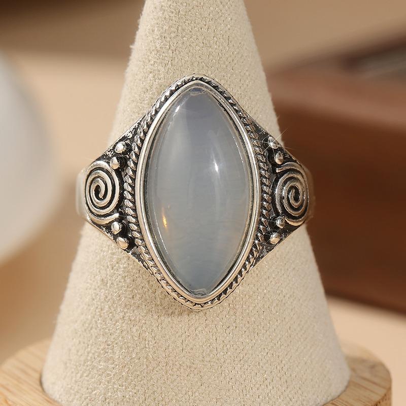 Anello da Donna Vintage Color Rame Intarsiato con Pietra di Luna Geometria Incisa Gioielli per Uso Quotidiano e Feste
