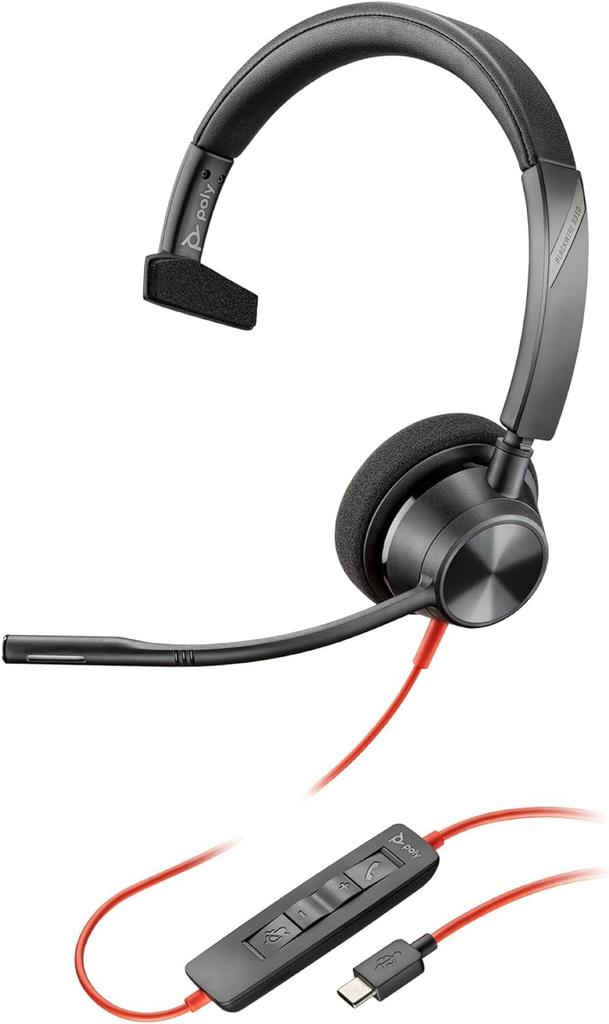 Poly BlackWire 3310 Wired Headset (formerly Plantronics, Polycom, HP-Poly) 8G0Y7AA, Microsoft Certified USB-C Connection, Noise Cancelling, with