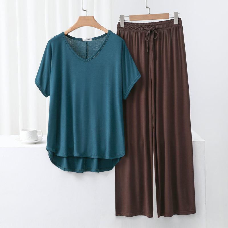 Summer Modal Homewear 2 Piece V-Neck Short Sleeve Tshirt and Wide Leg Pant Ankle Length Loose Sleepwear Set Comfort Pajama Sets