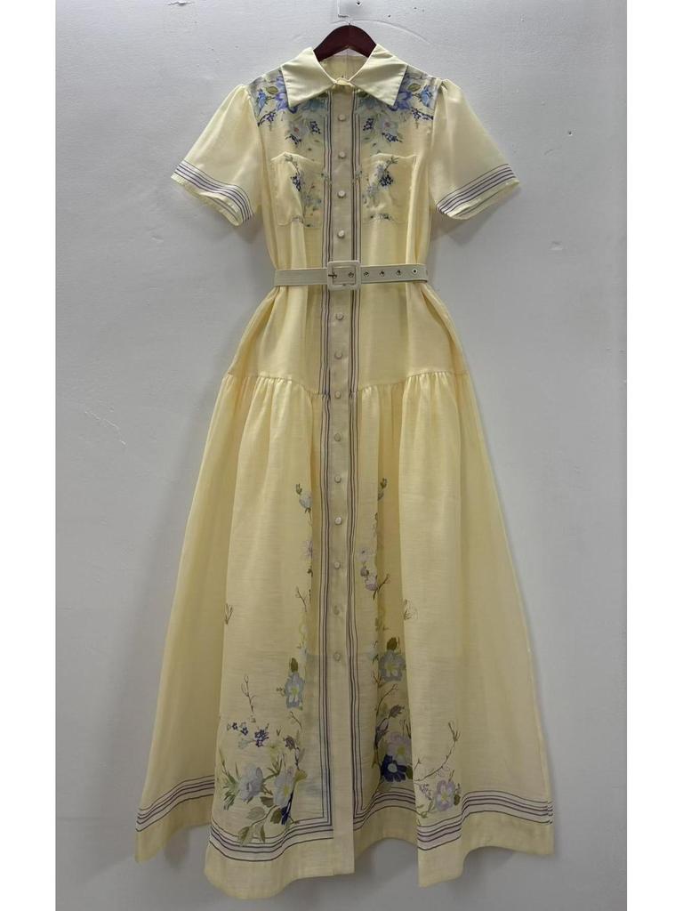 Elegant Holiday Print Belted Shirt Dress with Lapel Collar and Slim Fit