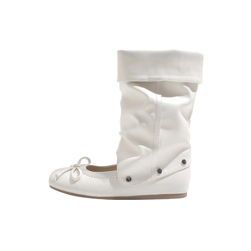 French Round Head Bow Two Wear Stacked Pants Tube Boots Women'S Inner Height Increase Shallow Mouth Ballet Single Shoes Removable Cool Boots