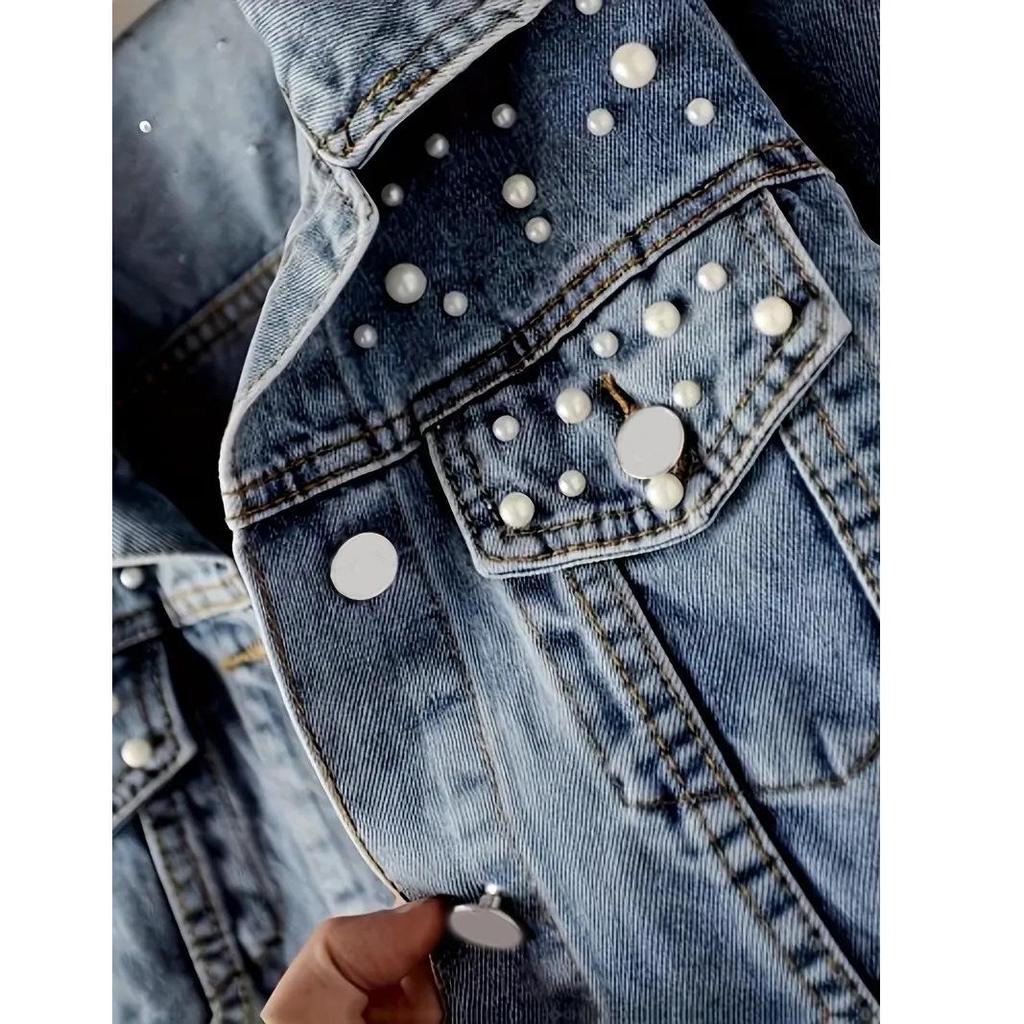 Trendy Women's Plus Size Pearl Embellished Denim Jacket