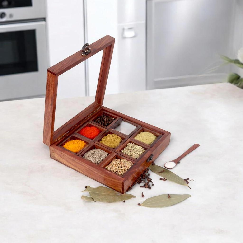 Wooden Spice Box With Spoon Container For Kitchen Masala