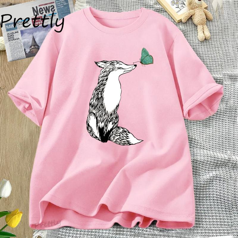 Fox and Butterfly T Shirt Cotton Graphic Tee Soft Fitted T Shirts for Women Printed Cotton Short Sleeve Harajuku Tees Clothing