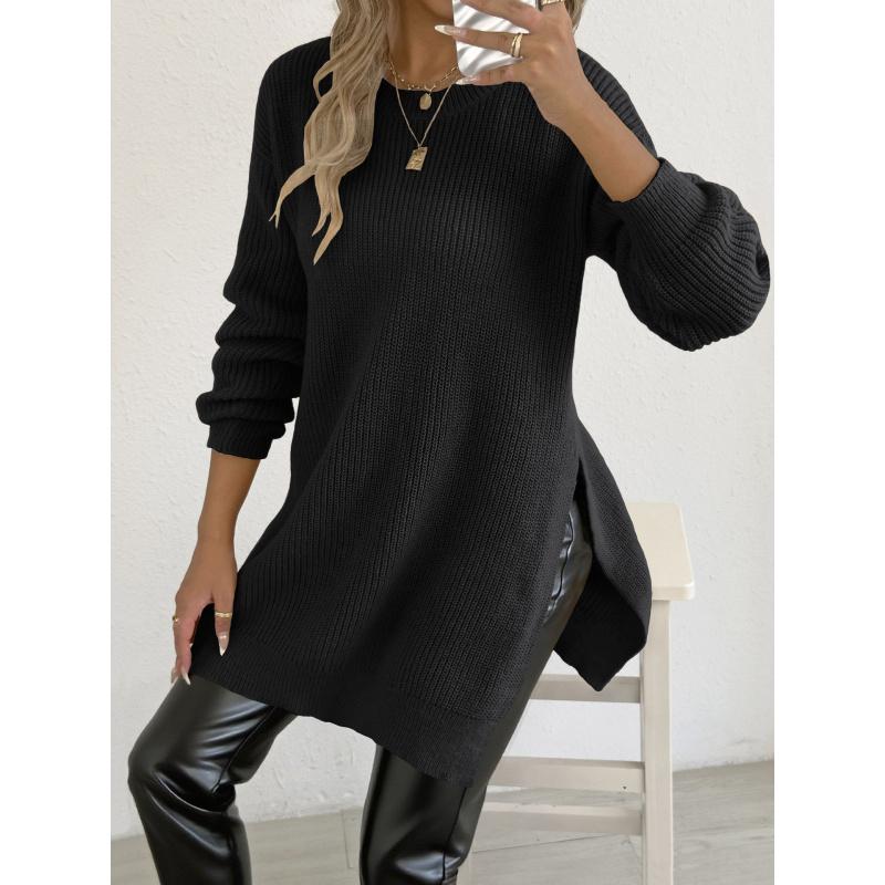 Women's Autumn Winter New Pullover Sweater Round Neck Split Knitted Casual Sweater