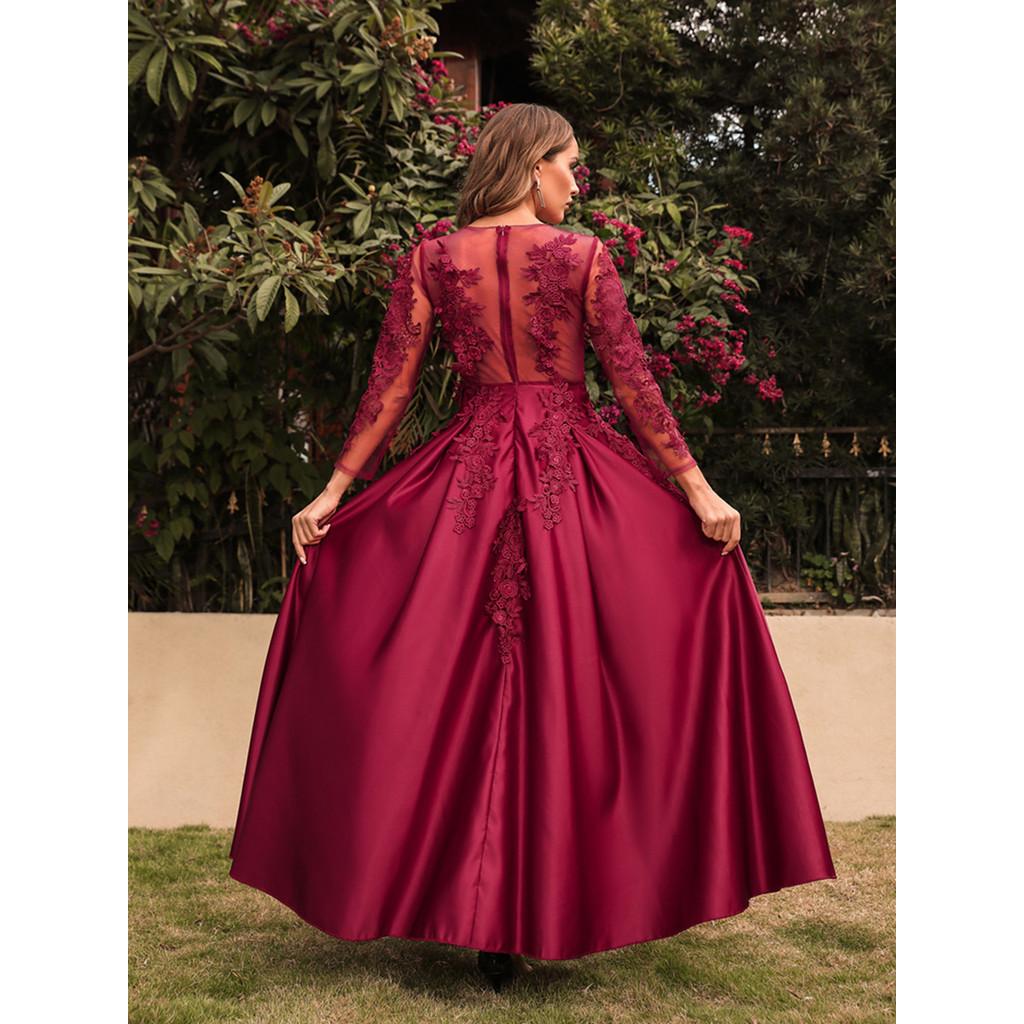 Damen Elegantes Rundhals-Spitzen-Falten-Langarm-Braut-Brautjungfern-Hochzeits-Langkleid Wunderschönes Party-Maxi-Ballkleid