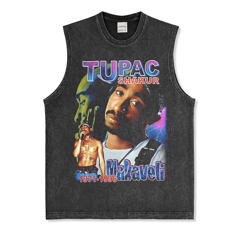 Canotta Senza Maniche Tupac Grafica Retro High Street Cotone Pesante
