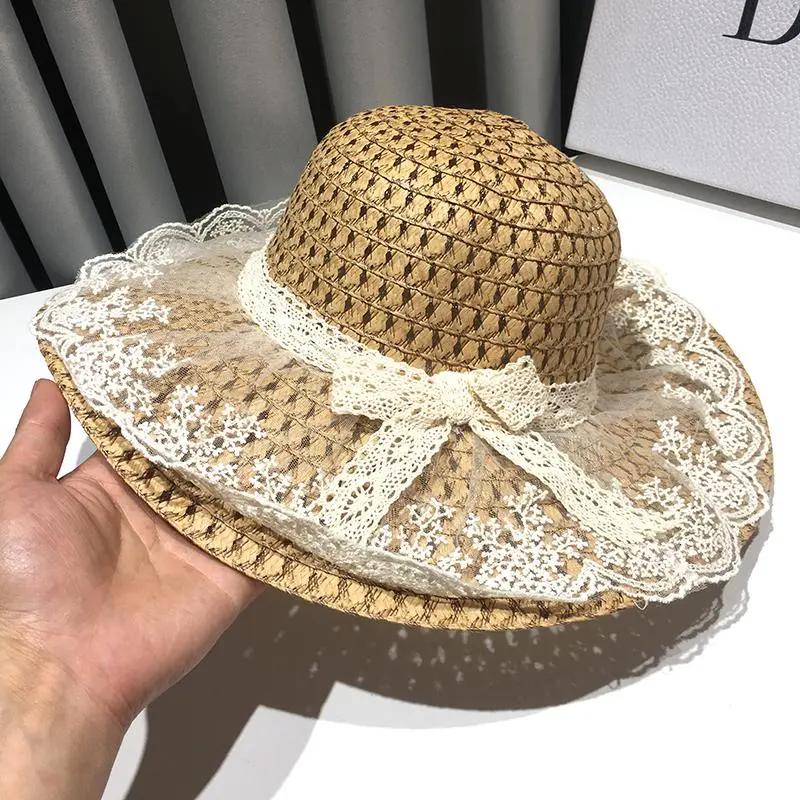 WTEMPO Elegant Lace Patchwork Large Brim Foldable Sun Hats Solid Color Casual Versatile Summer Sunscreen Beach Straw Hats
