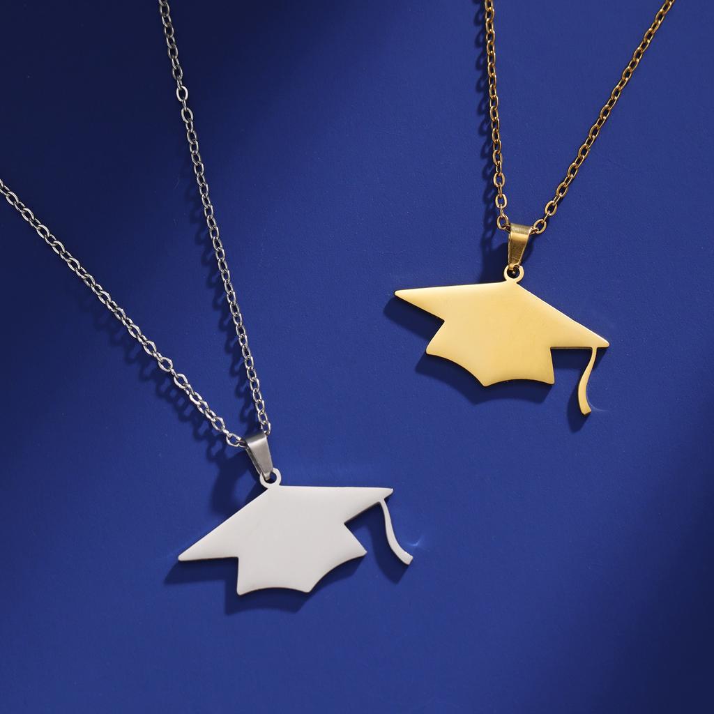 Lucktune Graduate Hat Pendant Necklace Stainless Steel Women Men Bachelor Cap Necklace School Graduation Jewelry Students Gift