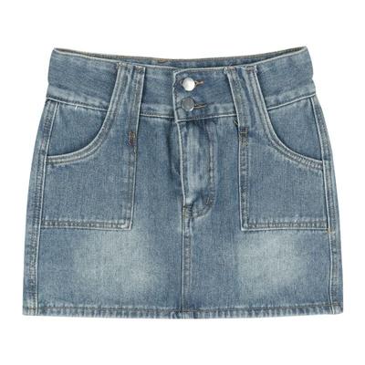 Summer Vintage A-Line Hip-Wrap Mini Sexy Skirt Retro Casual Button Pocket Blue Denim Skirt Fashion High Waist Short Skirt 25402