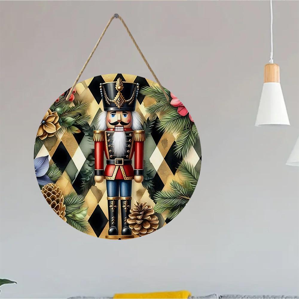 Vintage Nutcracker Festive Botanical Round Wooden Hanging Plaque Home Wall Decor Xmas Front Door Ornament Holiday Party Sign Gift