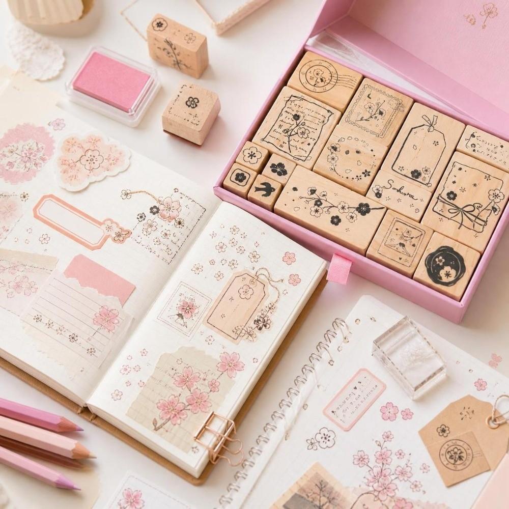 16pcs Delicate Carving Wooden Rubber Stamp Set Clear Imprint Rectangle Stamp Set  For DIY Crafts