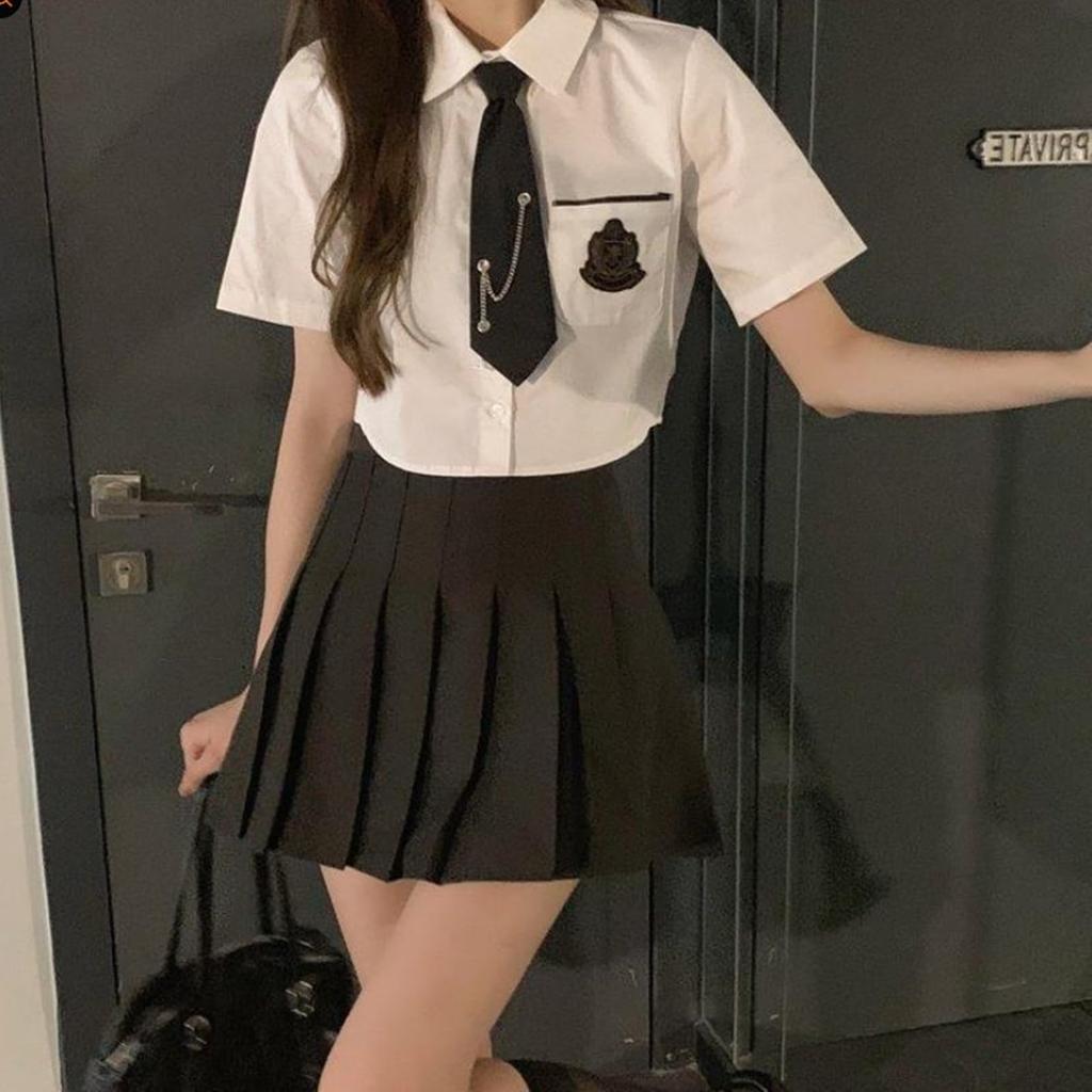 High School Large JK Short Pleated 3 Piece Set of 2 Balloons [SCGEHA] Uniform, Size, Cosplay, Plain, Black, Uniform, JK, Sleeve, Skirt, Tie, Set, (M)