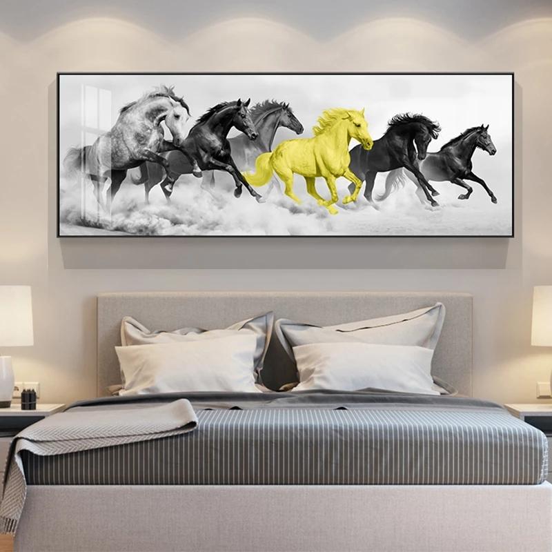 Six Running Black and Gold Horse Animals Posters and Prints Art Canvas Painting Wall Art Picture for Living Room Classical Mural No Frame