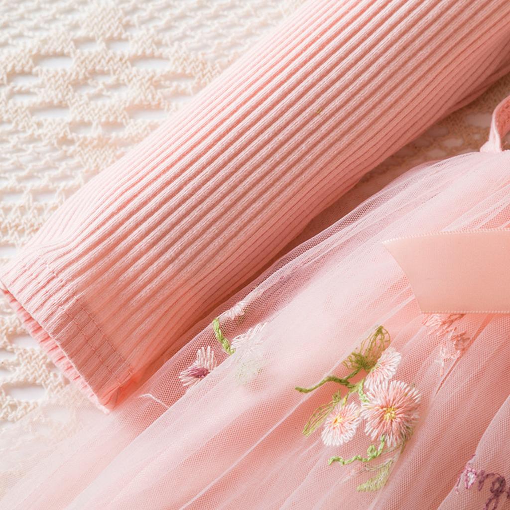 Girls Fashion Cute Long Sleeve Flower Embroidery Mesh Princess Dress Dresses