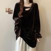 Plus Size Golden Velvet Rhinestone Hollow Long Sleeve Top - 2025 Early Spring Trendy Loose Slimming Base Layer