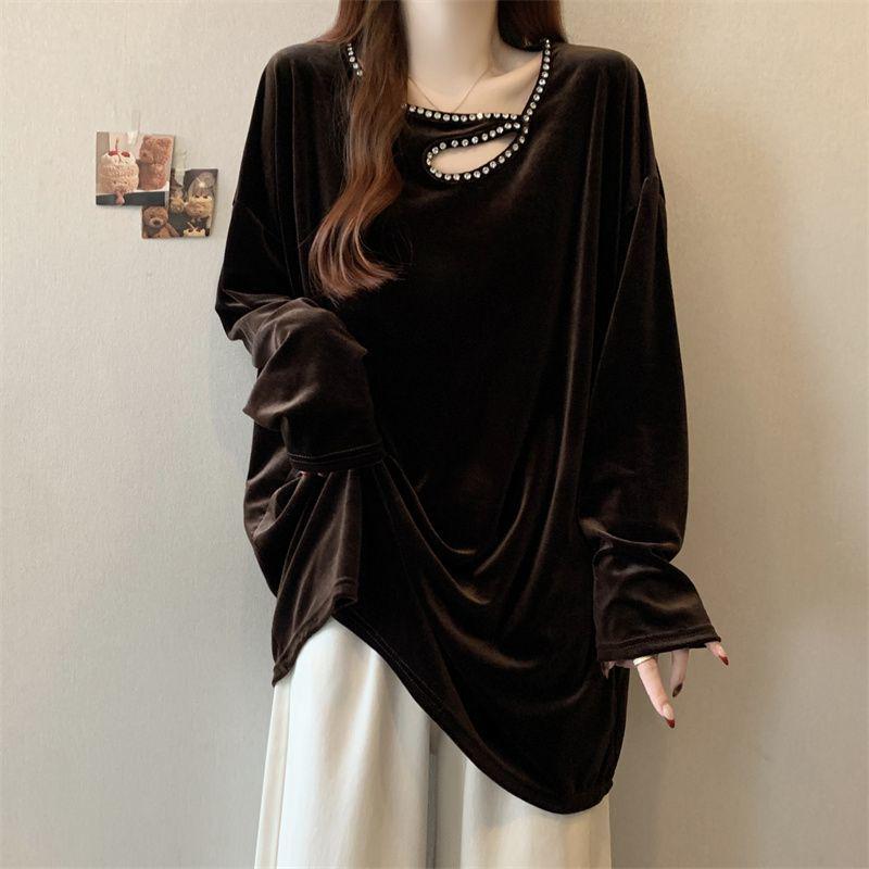 Plus Size Golden Velvet Rhinestone Hollow Long Sleeve Top - 2025 Early Spring Trendy Loose Slimming Base Layer