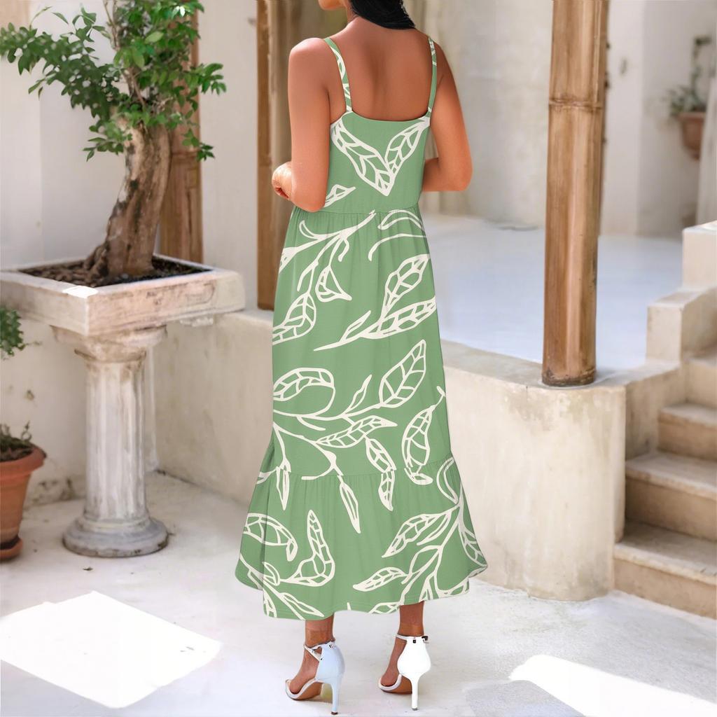 Dámské dlouhé plážové ležérní elegantní maxi šaty na špagetová ramínka s květinovým vzorem, decentní splývavé bohémské šaty