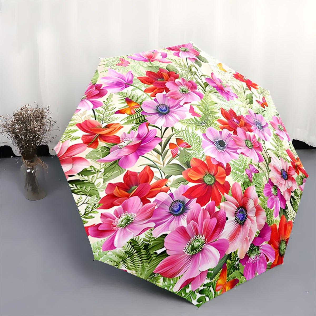 

Open/Close Portable Folding Umbrella with Floral Design (Pink/Red/Purple/Green, Anemones & Poppies) - Compact Travel Umbrella (as the picture,iron&8K)