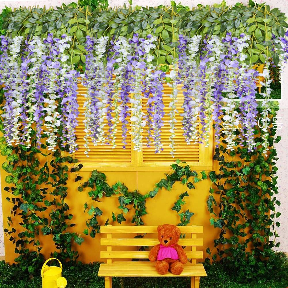8pcs Artificial Flowers Silk Wisteria Vine Ratta Silk Hanging Flower Wedding Decor (Purple)