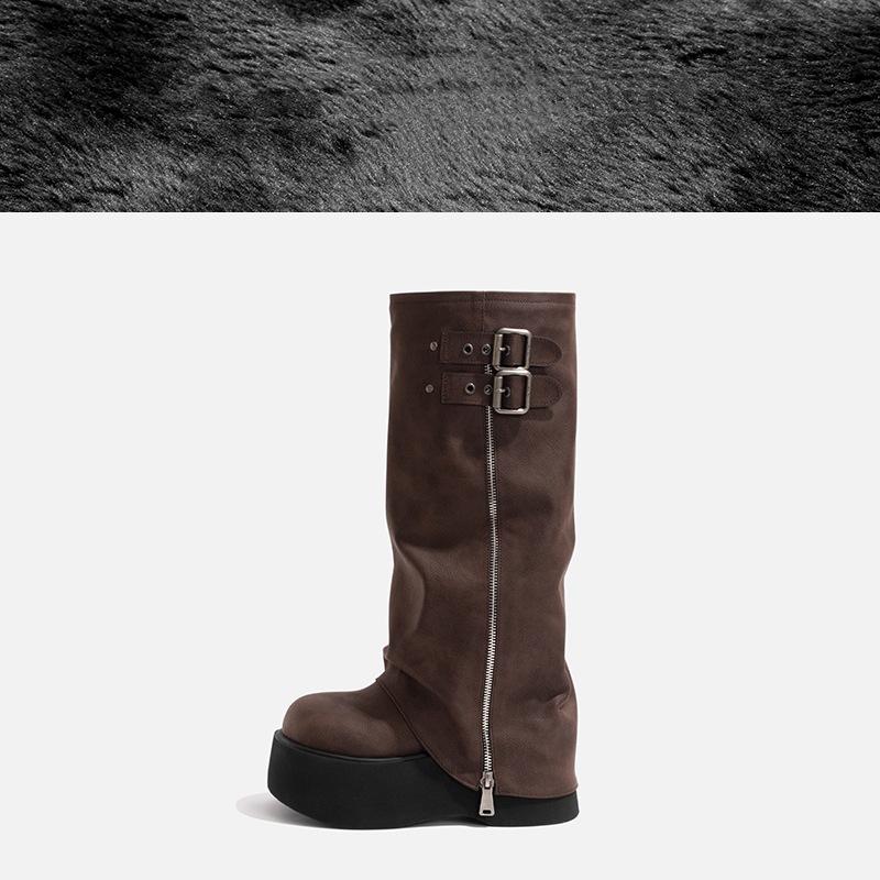 

Boots women s thick soles increase 2025 new retro metal buckle long boots small trousers muffin knight boots 40