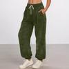 Women's Fashionable Solid Color Pocket Drawstring Elastic Waist Plush Casual Pants