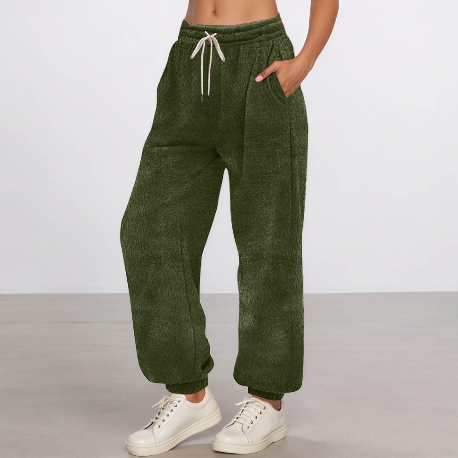 

Women s Fashionable Solid Color Pocket Drawstring Elastic Waist Plush Casual Pants S