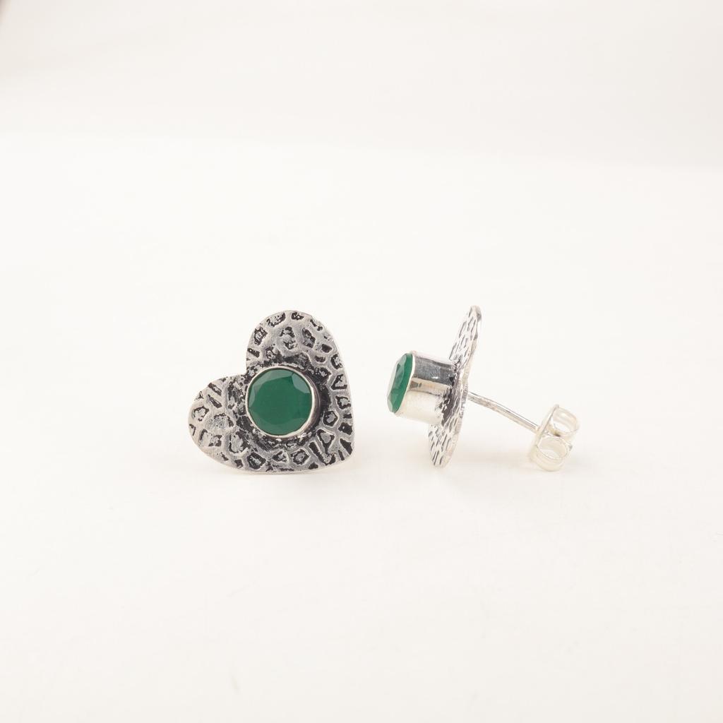 Rare Green Onyx Gemstone 925 Sterling Silver Jewelry Oxidized Handmade Studs0.6" EE-143-10