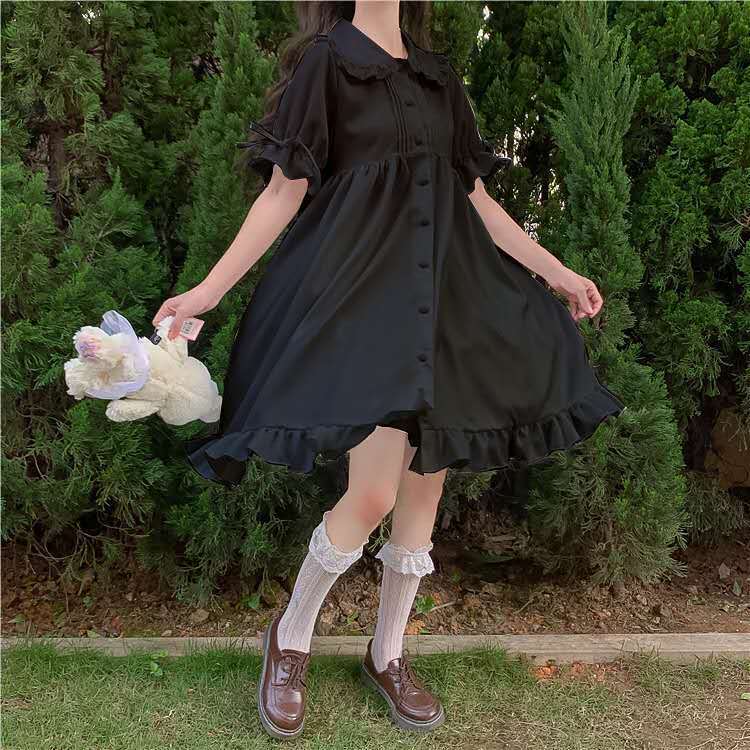 Summer Sundress Lolita Dress Kawaii Peter Pan Collar Cute Ruffle Puff Sleeve Dress