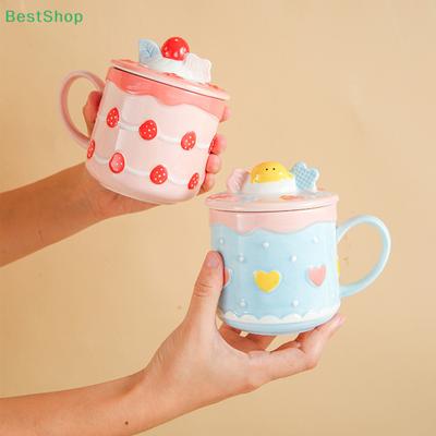 1 pz 390ml Tazza in Ceramica Tazza di Alto Valore Tazza Torta alla Fragola Tazza Acqua Carina per Ragazze Con Coperchio Tazza per Latte Colazione Casa