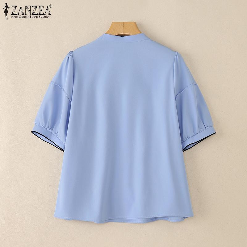 ZANZEA Women Lace Up Round Neck Casual Short Sleeve Blouse
