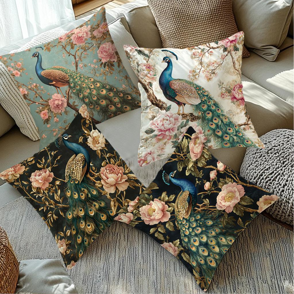 Peacock And Floral Patterns Digital Printing Pillow Cover Short Plush Suitable Living Rooms Bedrooms Sofas Throw Cushion Cover