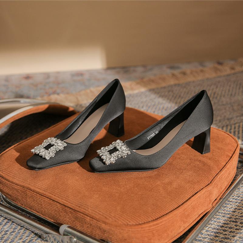 - Classic Satin Rhinestone Square Head Thick Heel High Heels Women's Fashion Simple CMCM