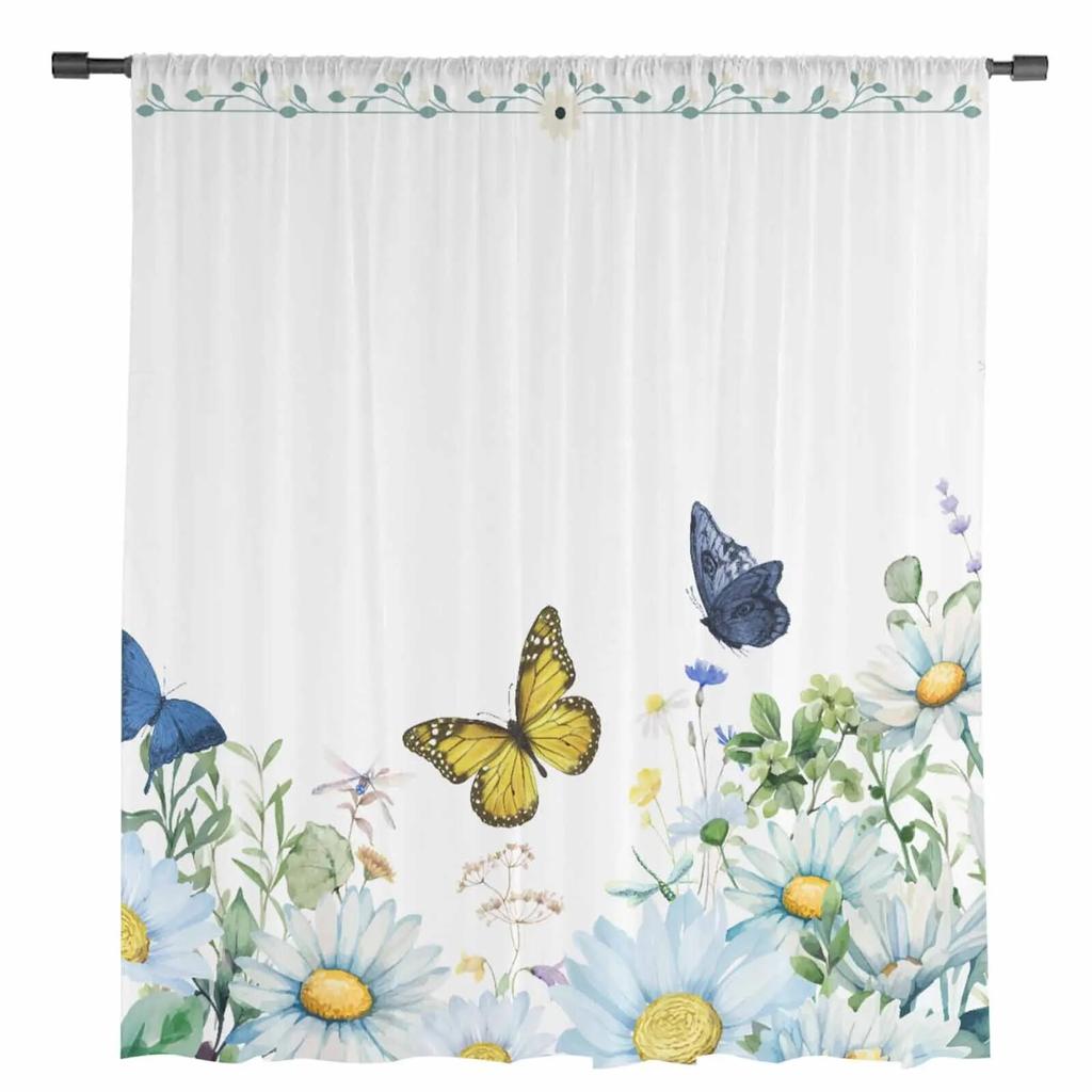 Watercolor Flower Plant Butterfly Sheer Curtains For Living Room Kitchen Window Curtains Bedroom Tulle Voile Curtains