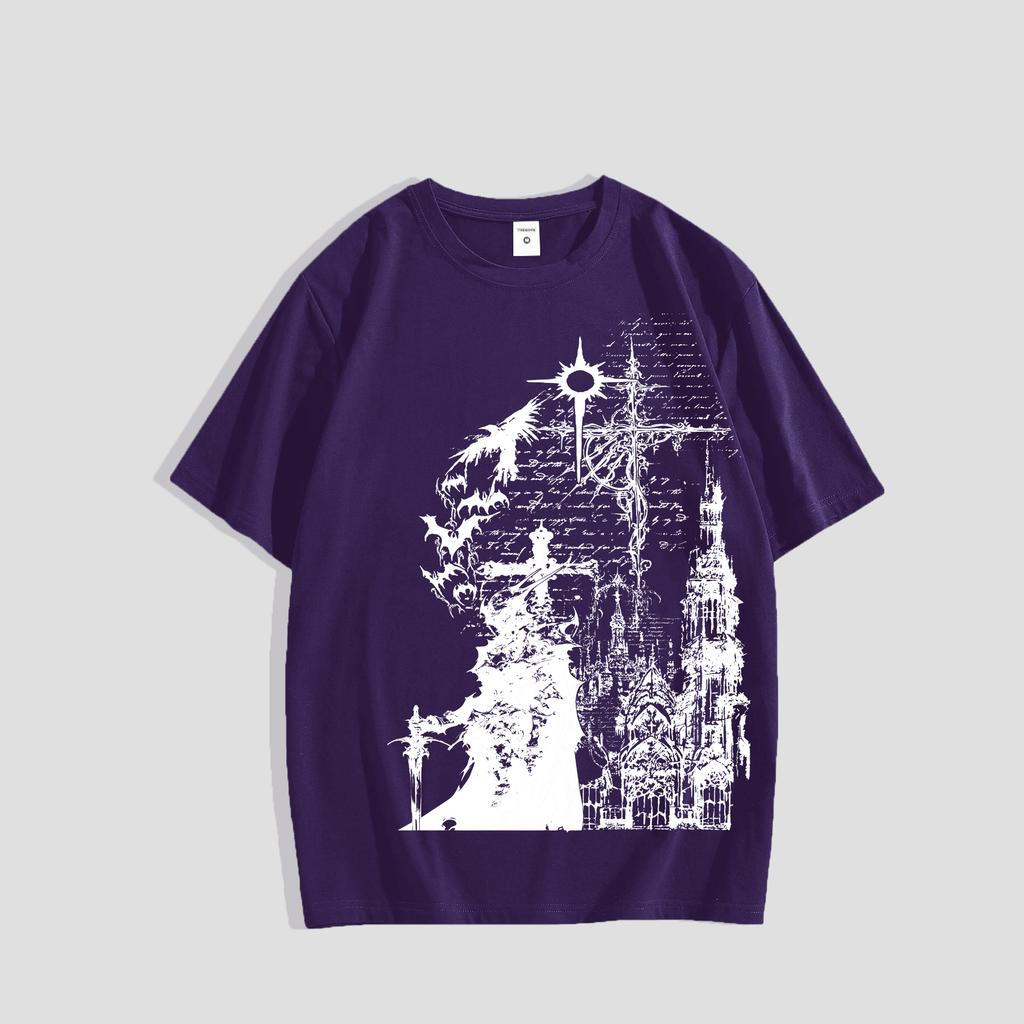 Casual Printed Crew-Neck T-Shirt, Dark Gothic Cross and Castle Print Short-Sleeve T-Shirt, Streetwear Brand Loose Oversized Unisex Top