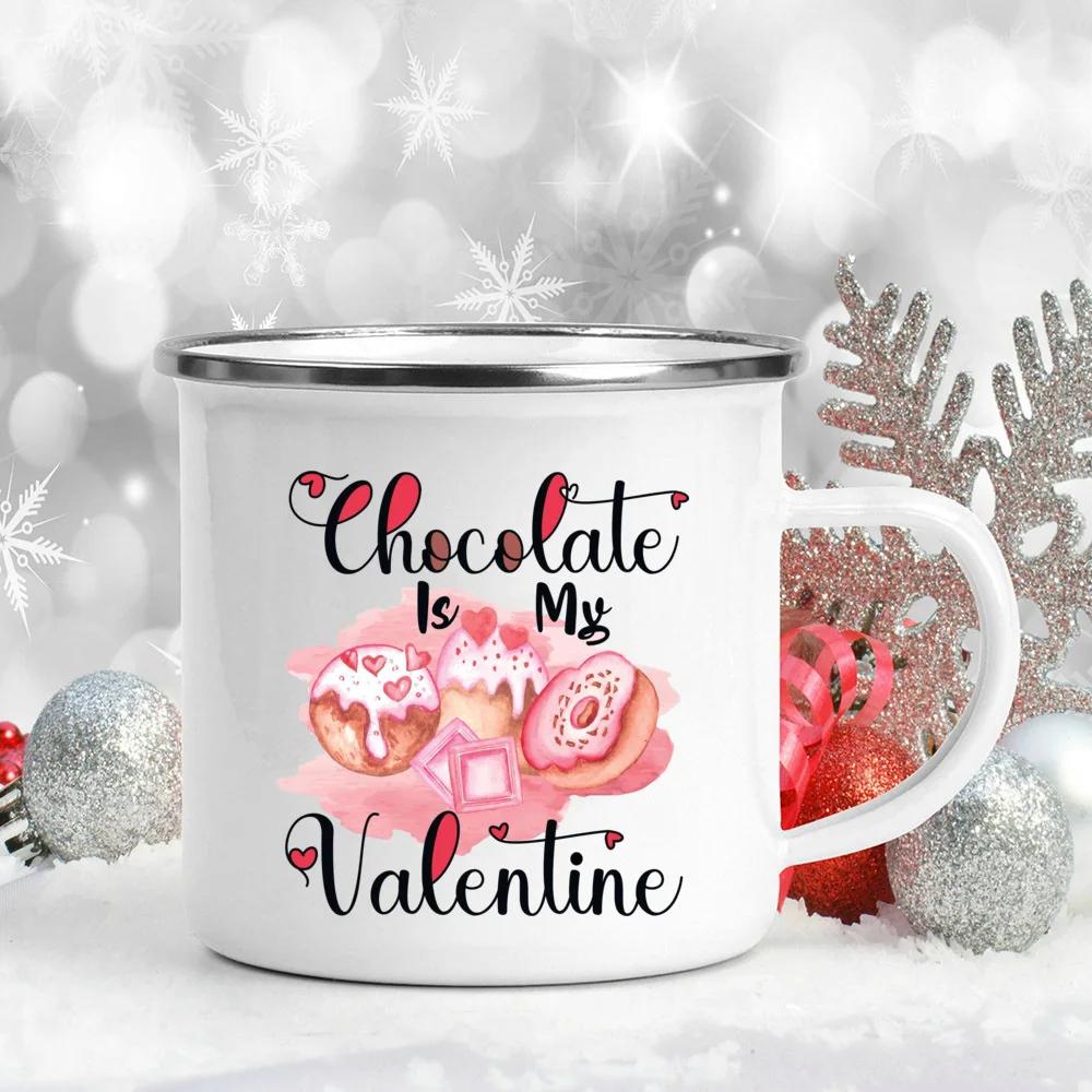 Love Heart Printed Camping Mug Valentine Party Juice Milk Cup Coffee Cups Enamel Mugs Valentine's Day Gifts for Family Friends