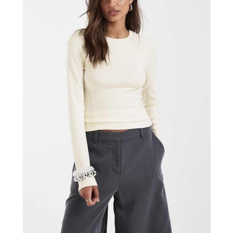 Women s Cream Crew Neck Slim Fit Cropped Long Sleeve Basic Layering Top S