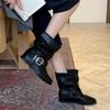 Retro style belt buckle stacking boots women's pleated knight boots locomotive boots temperament inner height increase short boots