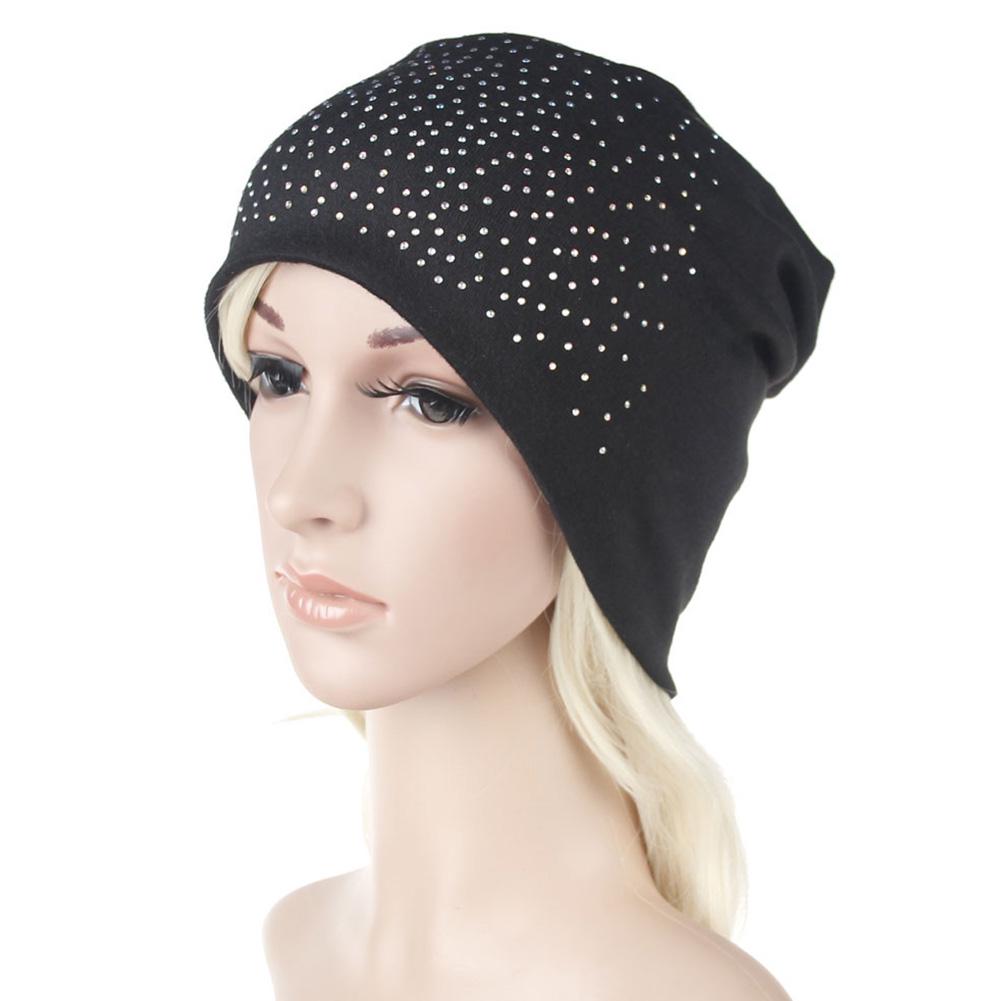 Women Soft Knitted Cotton Beanies Hot Drilling Sleep Cap for Hairloss Cancer Chemo