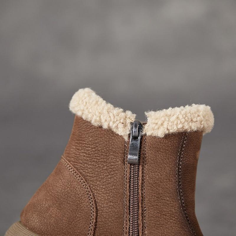 Echtleder Schneestiefel Damen Fauxwolle Fell Outdoor Warmhalten Winter Damen Stiefeletten Seitenreißverschluss Rutschfest Damen Schneestiefel