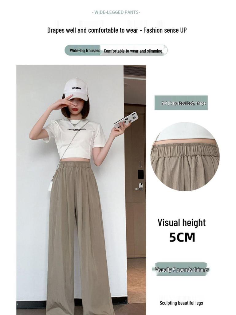 Ice Silk Women's High-Waist Pleated Wide-Leg Pants for Spring, Summer, and Autumn.