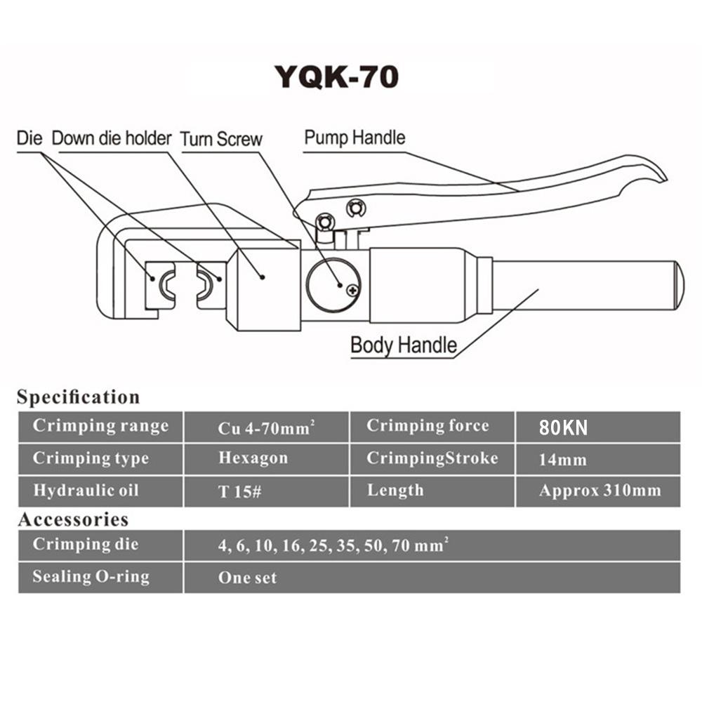Hydraulic Crimping Tool Cable Lug Crimper Plier Hydraulic Compression Tool YQK-70 4-70mm2 Pressure 5-6T