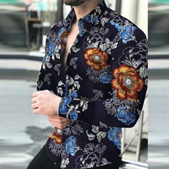 Poutavá pánská košile Jemné zpracování Polyester Dlouhý rukáv Květinový vzor Pánská košile Top pro denní nošení