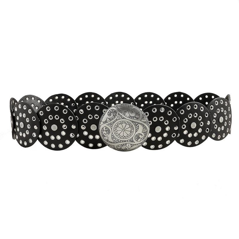 Women's Western Denim Belt High Quality Metal Hollow Ladies Trend Wide Waistband Vintage Personalized Round Belts EMA