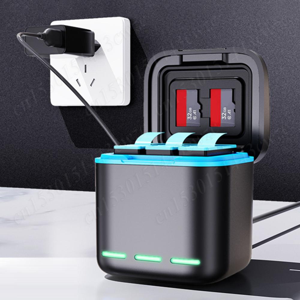 3-Channel Battery Charger with Type C Cable Storage Charging Box 2 SD Slot Batteries Storage Case for GoPro Go Pro Hero 8 7 6 5