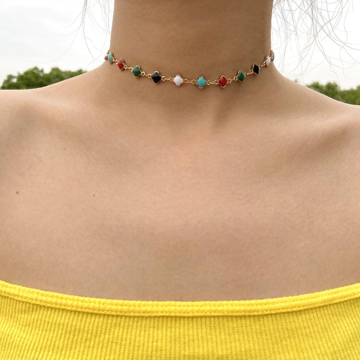 

Accessories, simple short tassel hollow necklace women, retro color small flower ring handmade necklace