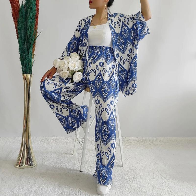 Tem Women's 2024 Summer New Loose Large Size Printed Medium Sleeve Shirt Wide Leg Pants Casual Suit Women
