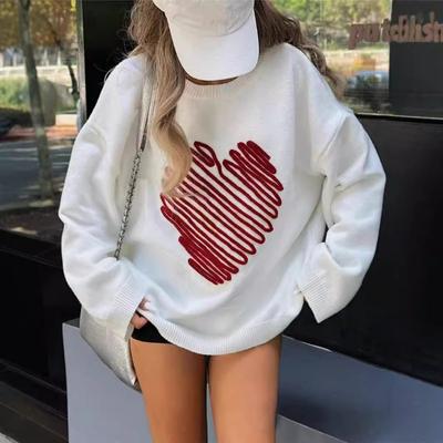 Women's Autumn and Winter Love Line Embroidered Sweater Top, Lazy Style, Loose and Casual