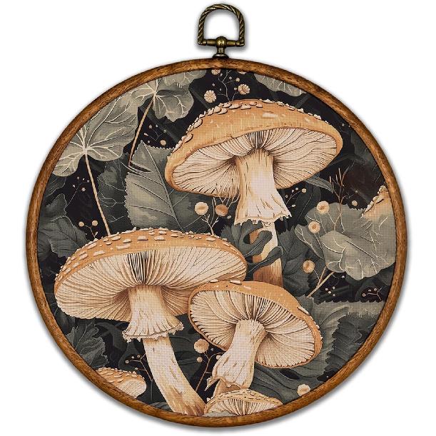 BCUANGD Vintage Mushroom Round Wall Art Decor - Retro Boho Botanical Wall Art Canvas Frame Artwork Prints, Neutral Cottagecore Round Wall Hanging