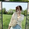 Yogodlns Handmade Summer Beach Women Straw Shoulder Bag Ladies Round Hollow Travel Daily Woven Handbag Holiday Knit Cotton Linen